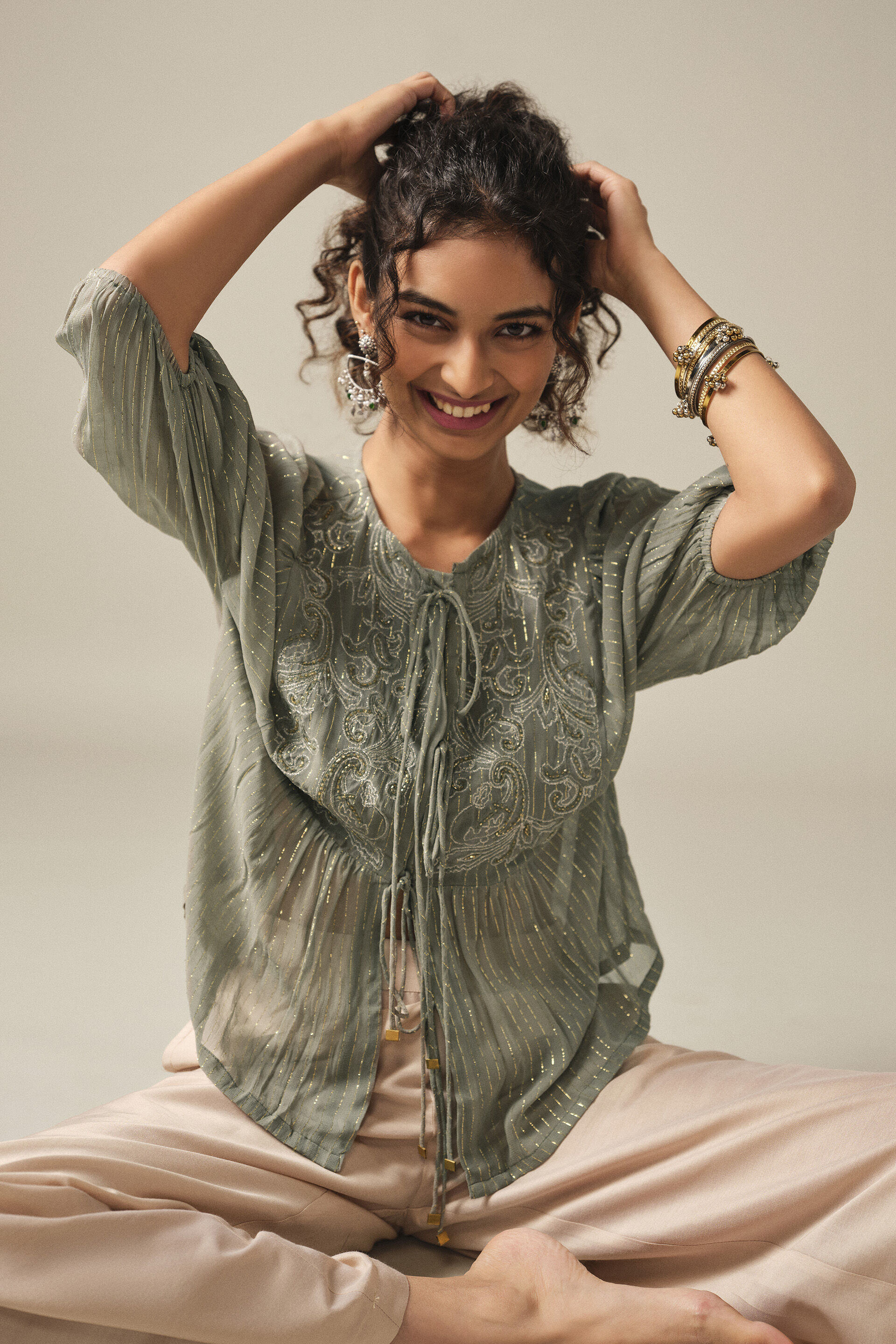 Tie-up Embroidered Peasant Top in Grey, Grey, image 2